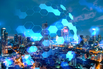 Abstract technology icons, night aerial panoramic cityscape of Bangkok, Asia. The concept of innovative approach to optimize international business process. Double exposure.
