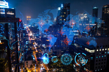 Hologram of Earth planet map on night panoramic cityscape of Bangkok, Asia. The concept of international companies. Multi Exposure.