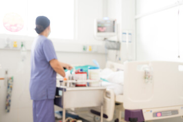 Naklejka na ściany i meble Blur image of nurse working and medical equipment in internal medicine departments at the hospital.