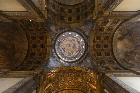 Parma, Italy - November 4, 2020: interior view of Sanctuary of Santa Maria della Steccata in Parma, the decorated dome is visible. 