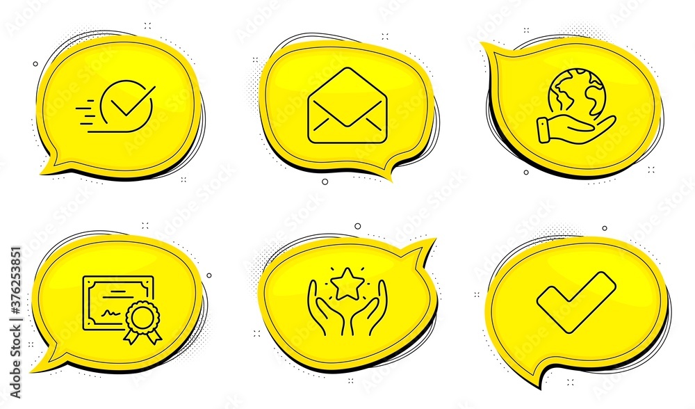 Poster checkbox sign. diploma certificate, save planet chat bubbles. ranking, mail and tick line icons set.