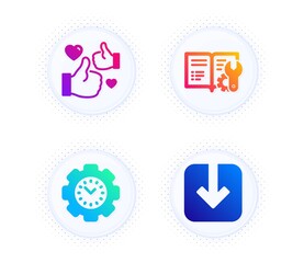 Engineering documentation, Time management and Like icons simple set. Button with halftone dots. Load document sign. Manual, Settings, Thumbs up. Download arrowhead. Technology set. Vector