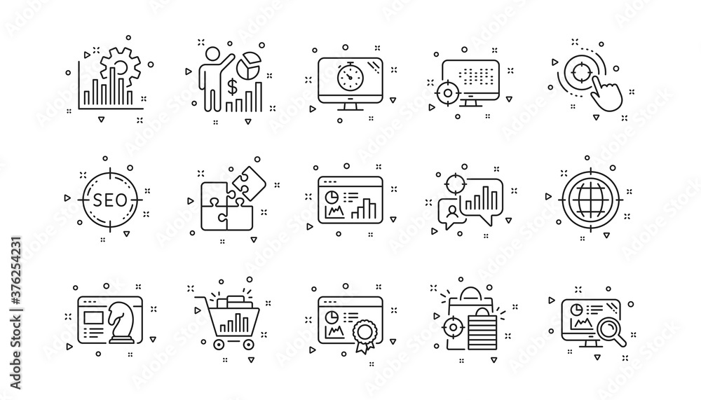 Poster increase sales, business strategy and search optimization. seo line icons. analytics linear icon set