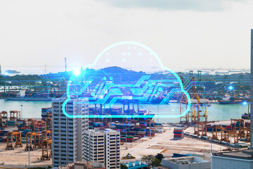 Storage cloud hologram over panorama city view of Singapore, tech hub in Asia. The concept of developing new approaches to store digital information. Double exposure.