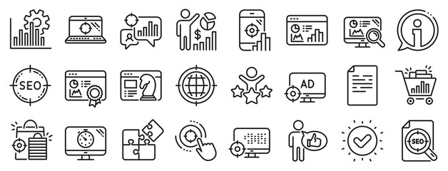 Set of Increase sales, Business Ad strategy and Website optimization icons. Seo line icons. Puzzle, Web seo timer and Analytics increase graph. Search engine, Ad sales pie chart, like icon. Vector