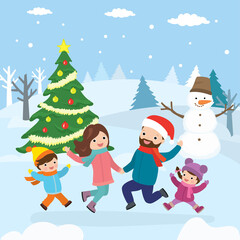 Happy family celebrating christmas or new year outdoors. Cartoon snowman and traditional tree standing in park.