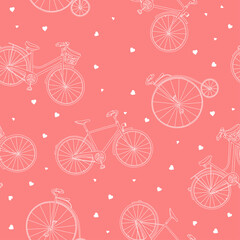 Seamless pattern with different bikes and hearts. Vector illustration in sketch style. White outline on a pink background. Hand-drawn.