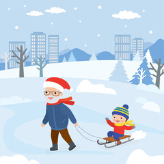 Happy caucasian grandfather rides kid grandson on a sled. Winter urban view on background. F