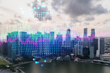 Market behavior graph hologram, sunset panoramic city view of Singapore, popular location to achieve financial degree in Asia. The concept of financial data analysis. Double exposure.