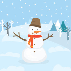 Fototapeta premium Cartoon snowman standing in park. Winter landscape.New year or christmas background.