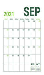 September calendar 2021. English calender template. Vector grid. Office business planning. Creative design. Olive green color