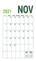 November calendar 2021. English calender template. Vector grid. Office business planning. Creative design. Olive green color