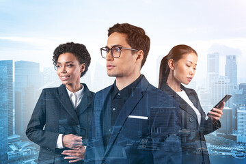 Group of three business partners in suits dreaming about new career opportunities, inspiration. Concept of multinational corporate team. Singapore on background. Double exposure.