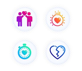 Love, Friends couple and Heartbeat timer icons simple set. Button with halftone dots. Broken heart sign. Heart, Friendship, Love stopwatch. Love set. Gradient flat love icon. Vector