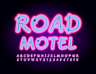 Vector creative poster Road Motel. Bright glowing Font. Neon Alphabet Letters and Numbers set