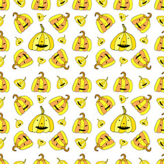 Halloween seamless pattern with yellow orange pumpkins isolated on white background. Funny doodle art. Orange Jack lanterns. Vector illustration for card design and fall decoration.