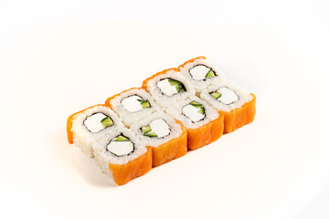 photo of sushi rolls on a white background