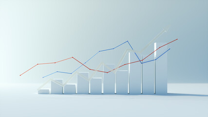 3d render of financial data rising bar graph growing, chart business growth on white Background, front view