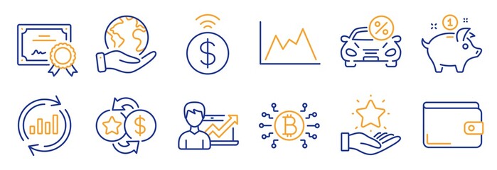 Set of Finance icons, such as Diagram, Update data. Certificate, save planet. Loyalty program, Loyalty points, Contactless payment. Money wallet, Car leasing, Success business. Vector