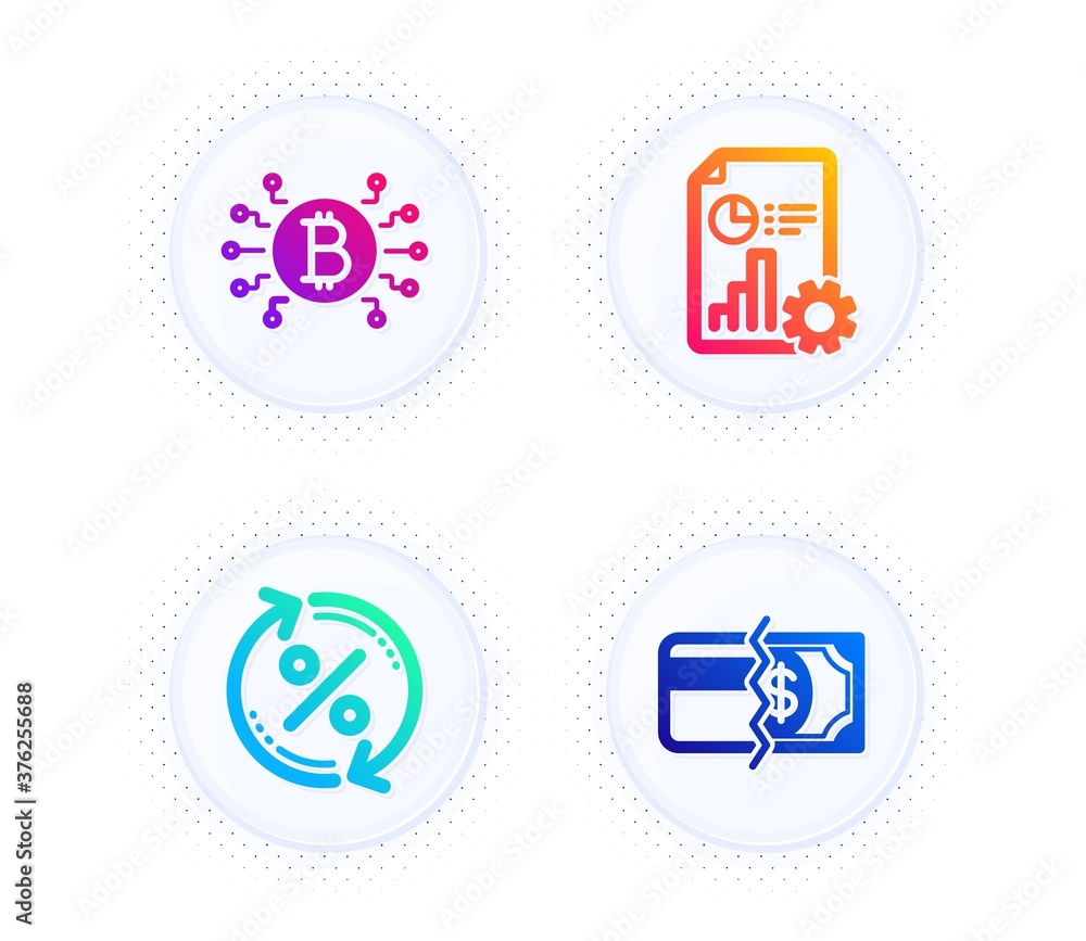 Poster report, bitcoin system and loan percent icons simple set. button with halftone dots. payment methods