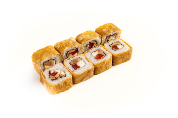photo of sushi rolls on a white background
