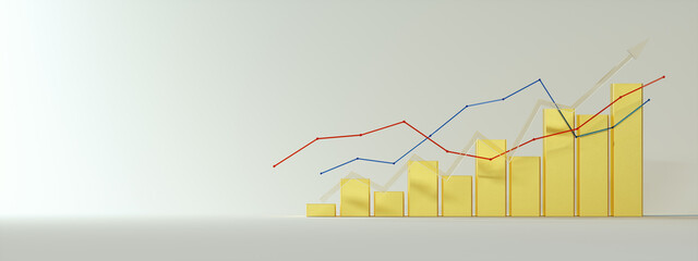 3d render of financial data rising golden bar graph growing, chart business growth on white Background, panoramic, blue red gold 
