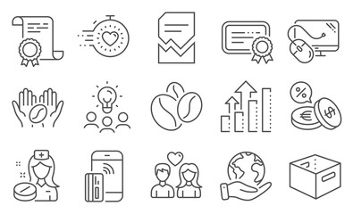 Set of Business icons, such as Computer mouse, Currency exchange. Diploma, ideas, save planet. Contactless payment, Nurse, Coffee. Coffee beans, Office box, Certificate. Vector