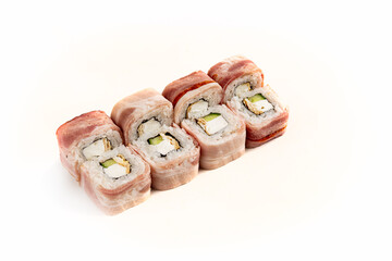 photo of sushi rolls on a white background
