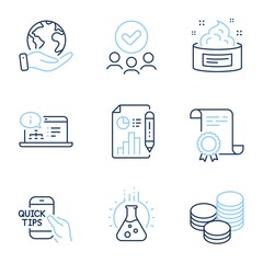 Skin cream, Report document and Education line icons set. Diploma certificate, save planet, group of people. Chemistry lab, Tips and Online documentation signs. Vector