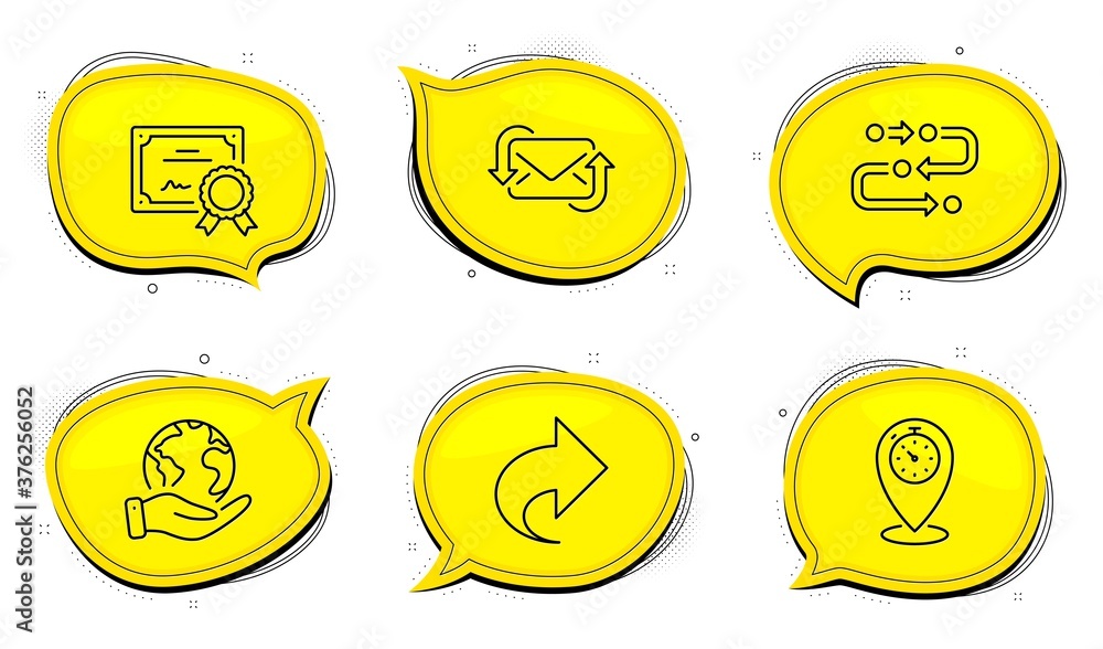 Poster refresh mail sign. diploma certificate, save planet chat bubbles. timer, share and methodology line 