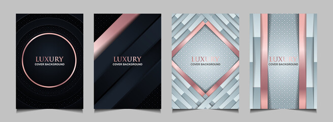 Collection of luxury covers design template black and white with elegant rose gold. Vector layout premium vip style for books, magazines, catalogs, poster celebration, flyer anniversary, package