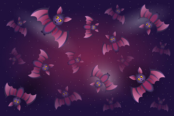 Obraz na płótnie Canvas Set of cute cartoon bats in purple night. Happy Halloween.