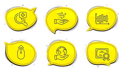 Wind energy sign. Diploma certificate, save planet chat bubbles. Medical analyzes, Diagram chart and Swipe up line icons set. Medicine, Presentation graph, Scrolling page. Breeze power. Vector