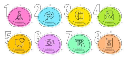 Quick tips, Christmas tree and Credit card signs. Timeline steps infographic. Face biometrics, Technical documentation and Reject letter line icons set. Heart, Photo camera symbols. Vector