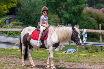 Horseback riding, lovely equestrian - young girl is riding a horse