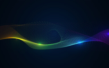 Colorful wave abstract background with particle technology concept. Dynamic and glowing light vector design template can use for cover music poster, flyer, web banner, presentation business