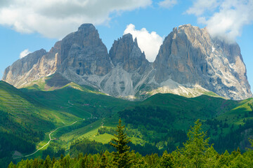 Mountain landscape along the road to Pordoi pass, Dolomites