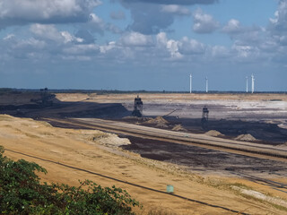 Lignite mining, surreal landscape in Garzweiler in Germany, searching for brown coal