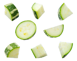 Zucchini slices isolated on a white background, top view. Sliced zucchini, courgette isolated on...