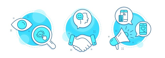Dislike, Love chat and Good mood line icons set. Handshake deal, research and promotion complex icons. Contactless payment sign. Negative feedback, Smartphone, Positive thinking. Phone money. Vector