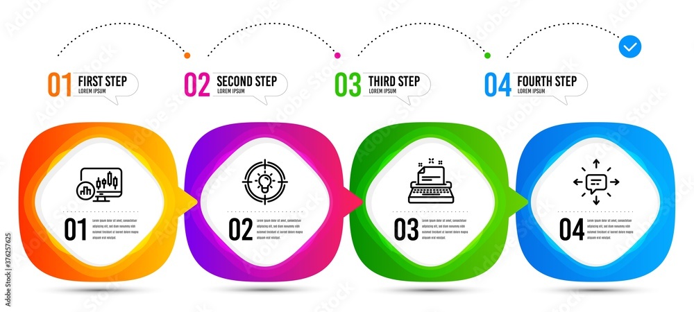 Poster typewriter, candlestick chart and sms line icons set. timeline steps. idea sign. instruction, report