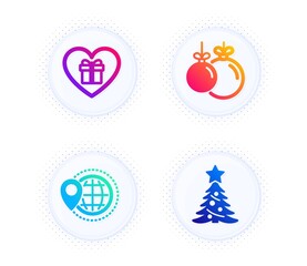 Christmas ball, Romantic gift and World travel icons simple set. Button with halftone dots. Christmas tree sign. Decoration, Surprise with love, Map pointer. Spruce. Holidays set. Vector
