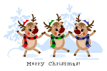 Three cute Christmas reindeer are dancing in the snow-covered forest. Christmas greetings. Vector illustration isolated on a white background.