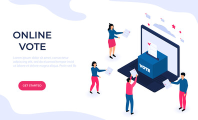 Isometric Remote voting. Tiny voters near a huge laptop ballot box cast a vote. Web page design