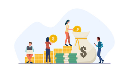 Flat icon design concept of people saving money by putting coin in money bag isolated on white color background