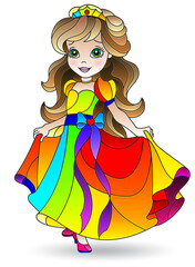 Illustration in stained glass style of a cartoon Princess in a bright dress, isolated on a white background
