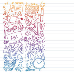 Back to School vector doodle set. Supplies for sport, art, reading, science, geography, biology, physics, mathematics, astronomy, chemistry.