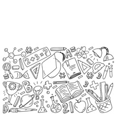Back to School vector doodle set. Supplies for sport, art, reading, science, geography, biology, physics, mathematics, astronomy, chemistry.