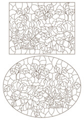 Set of contour illustrations of stained glass Windows with intertwined roses, dark outlines on a white background
