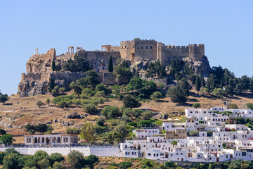 Fototapeta na wymiar Sightseeing of Greece. Lindos village and Lindos castle, Rhodes island, Dodecanese, Greece
